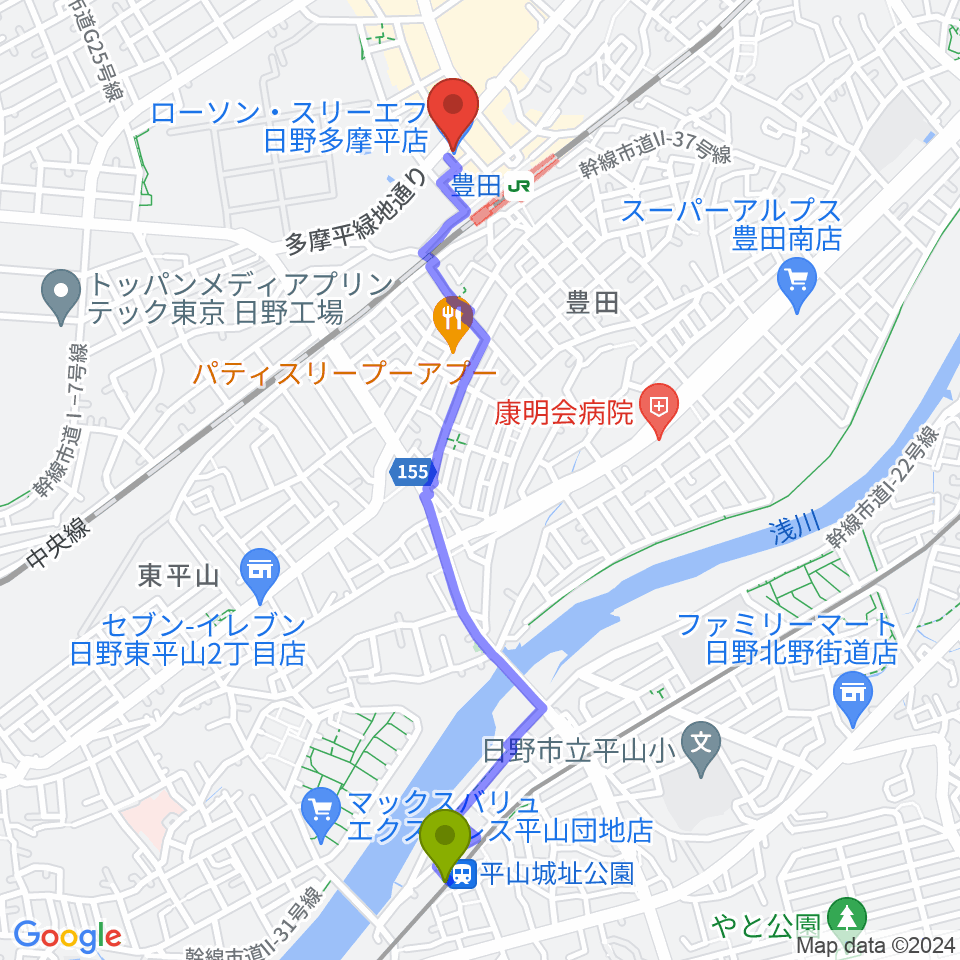 平山城址公園駅から宮地楽器 豊田センターへのルートマップ地図