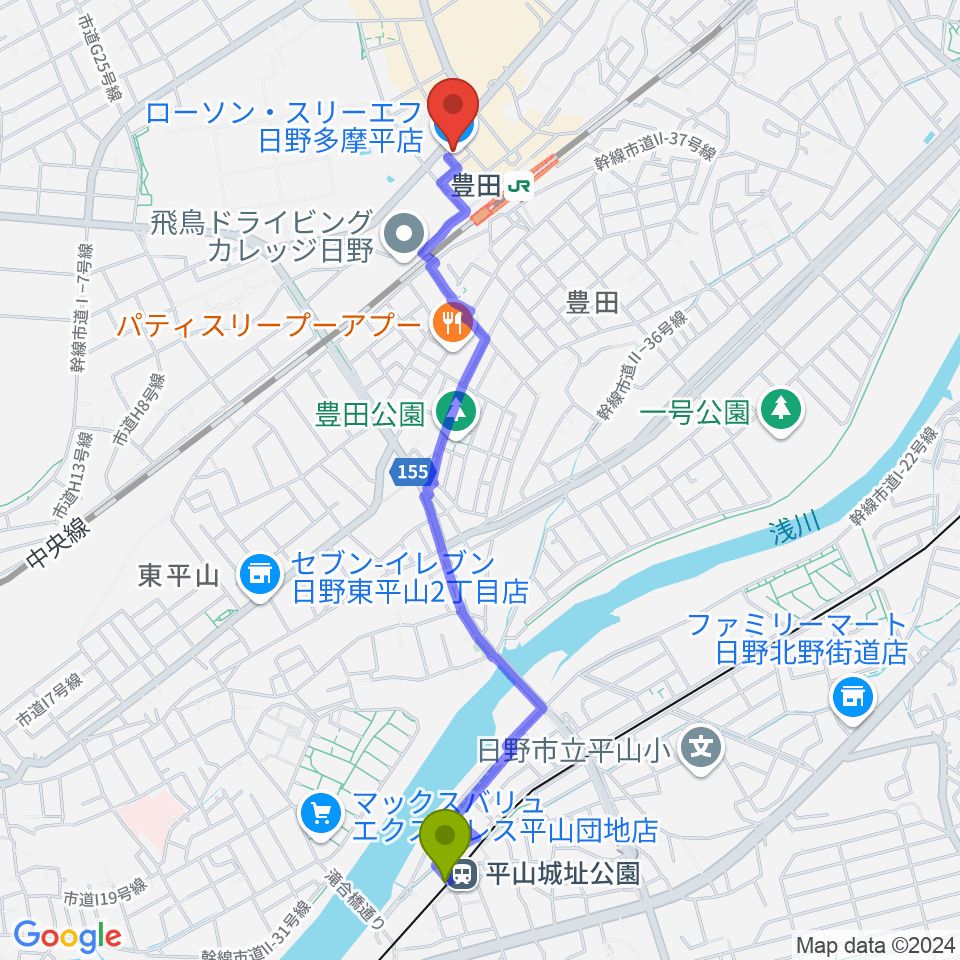 平山城址公園駅から宮地楽器 豊田センターへのルートマップ地図