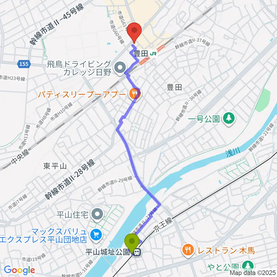平山城址公園駅から宮地楽器 豊田センターへのルートマップ地図