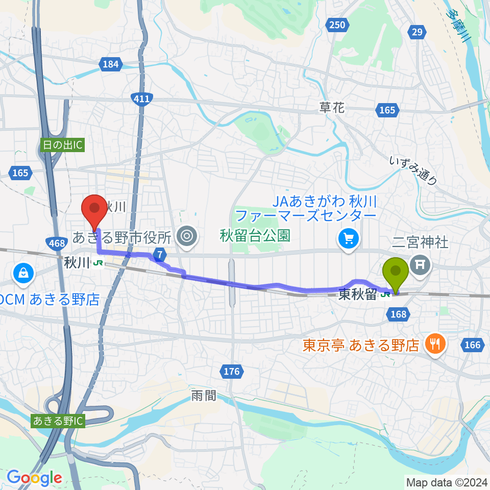 東秋留駅から宮地楽器 あきる野センターへのルートマップ地図