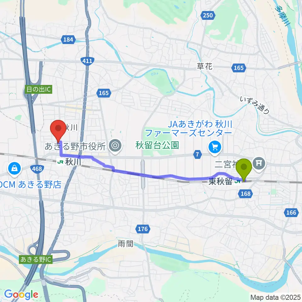 東秋留駅から宮地楽器 あきる野センターへのルートマップ地図