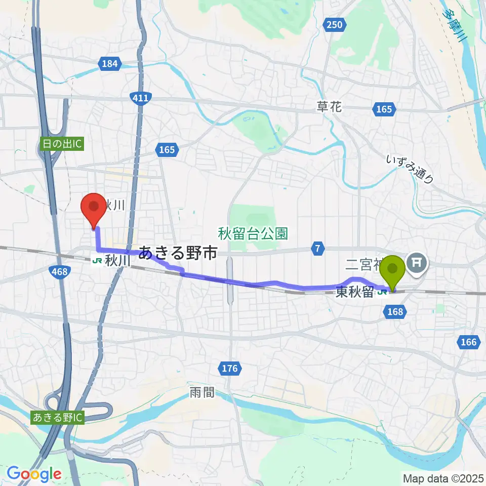 東秋留駅から宮地楽器 あきる野センターへのルートマップ地図