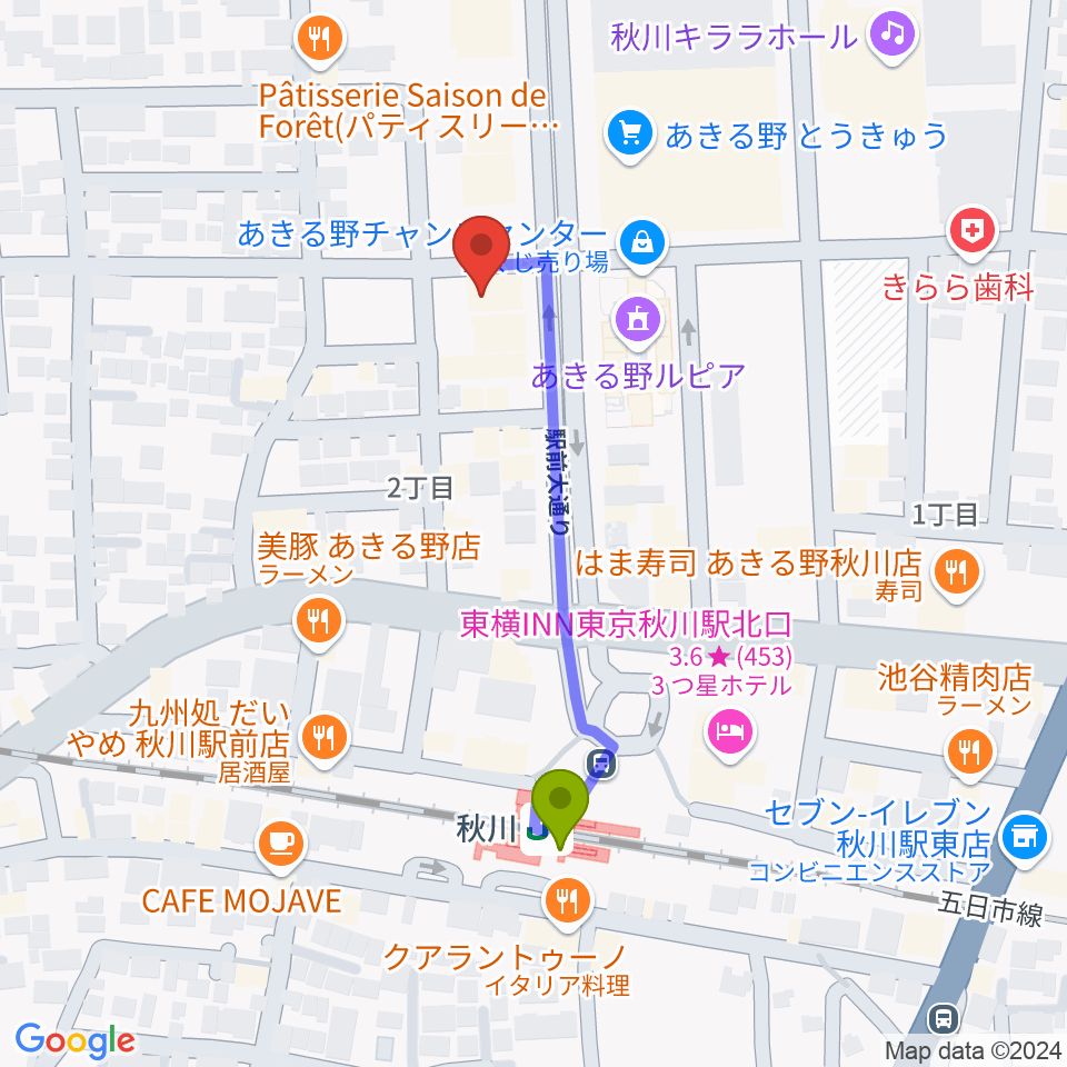 宮地楽器 あきる野センターの最寄駅秋川駅からの徒歩ルート（約4分）地図