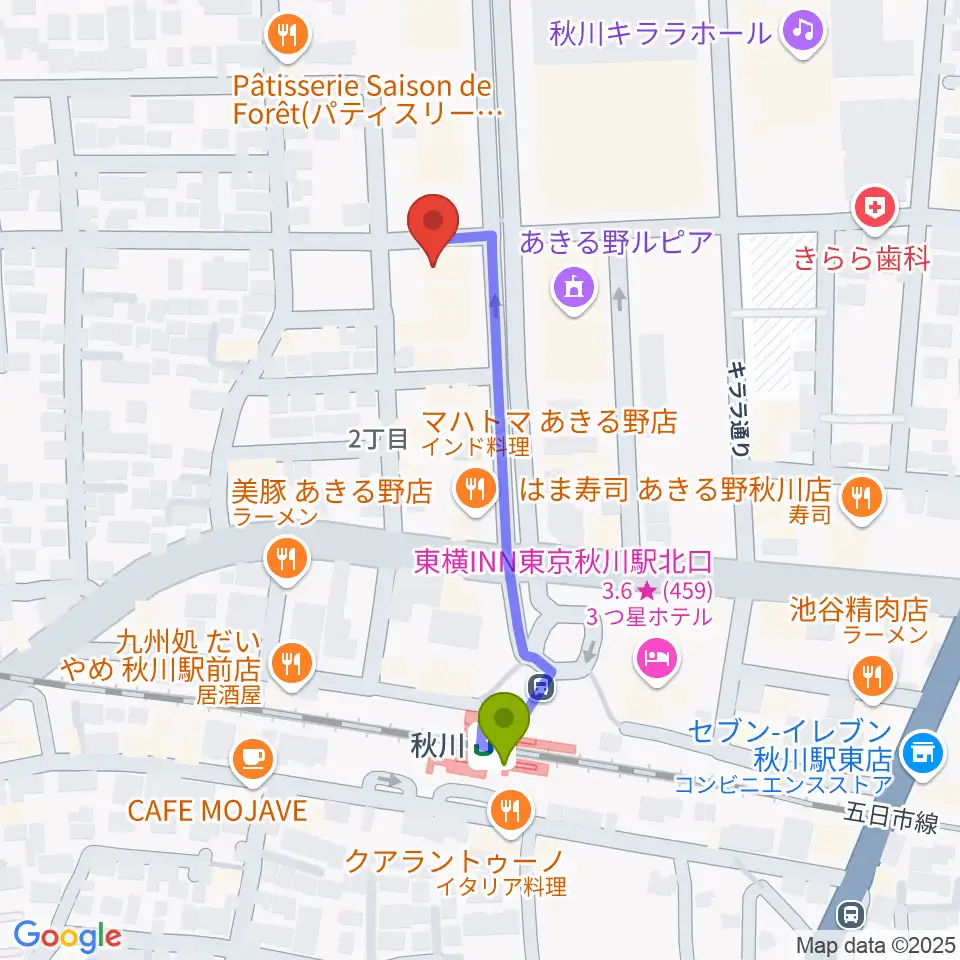 宮地楽器 あきる野センターの最寄駅秋川駅からの徒歩ルート（約4分）地図