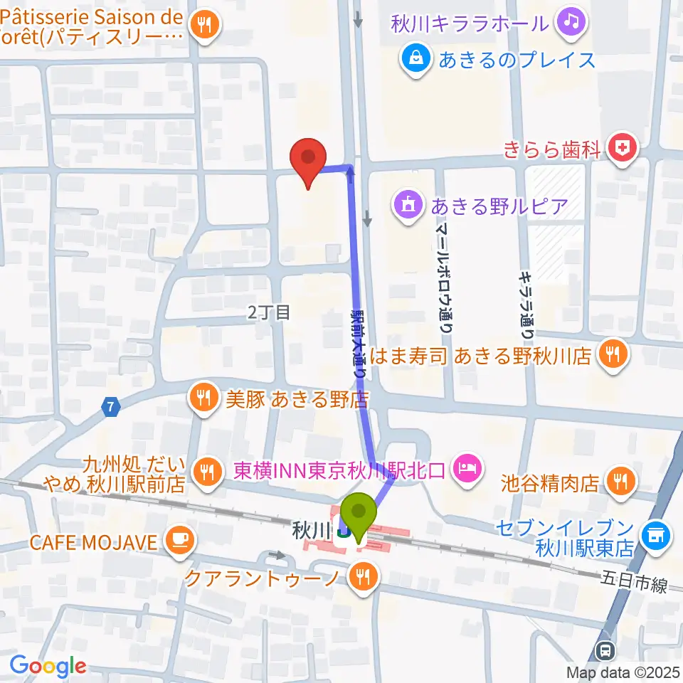 宮地楽器 あきる野センターの最寄駅秋川駅からの徒歩ルート（約4分）地図