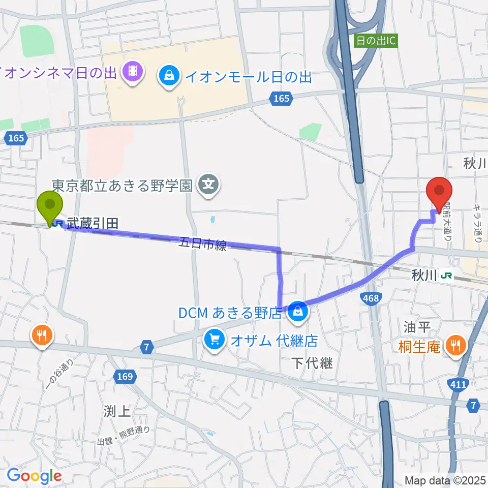 武蔵引田駅から宮地楽器 あきる野センターへのルートマップ地図