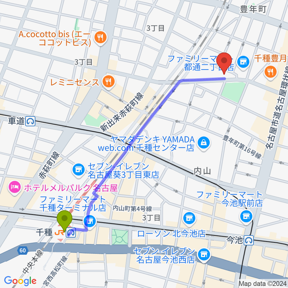 千種駅から植村楽器へのルートマップ地図