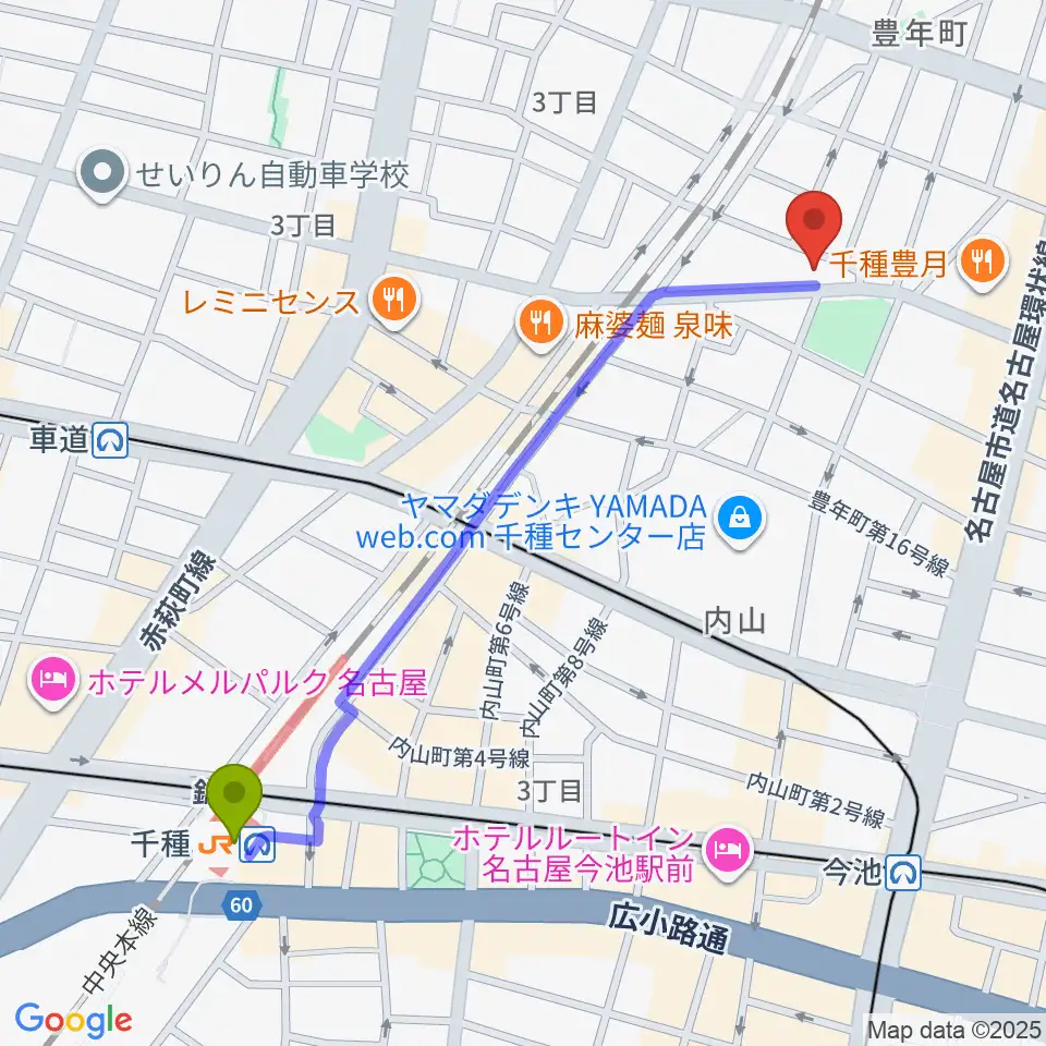 千種駅から植村楽器へのルートマップ地図