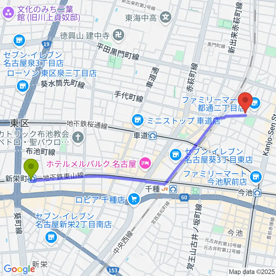 新栄町駅から植村楽器へのルートマップ地図