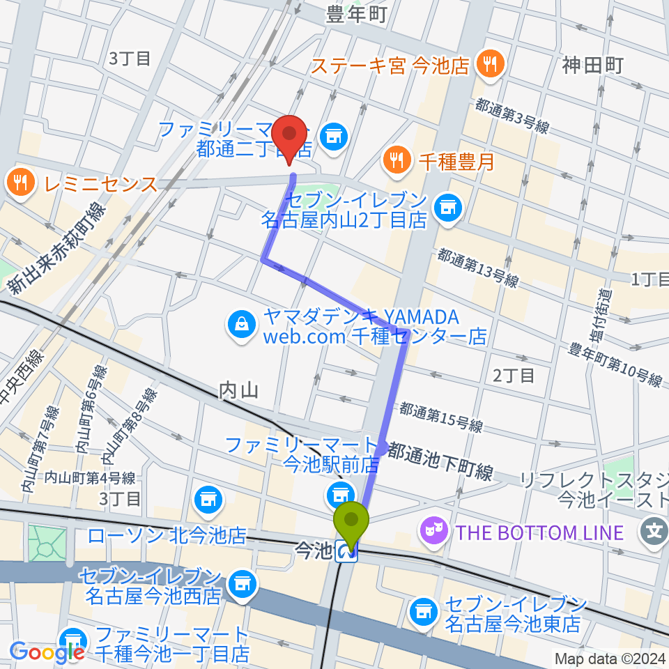 植村楽器の最寄駅今池駅からの徒歩ルート（約9分）地図