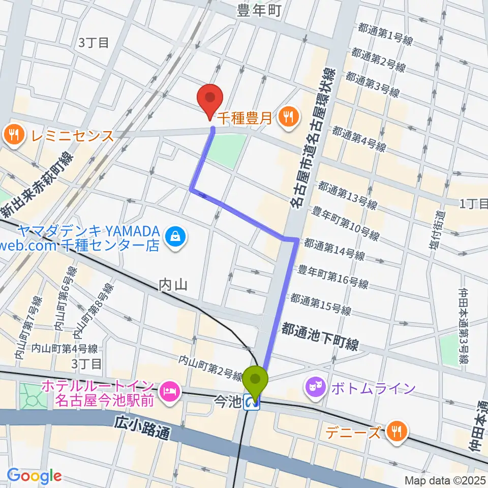 植村楽器の最寄駅今池駅からの徒歩ルート（約9分）地図