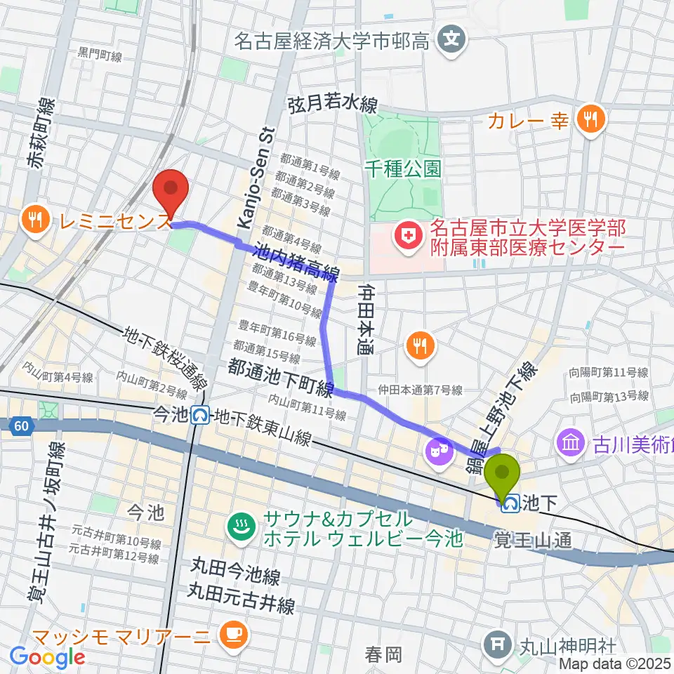 池下駅から植村楽器へのルートマップ地図