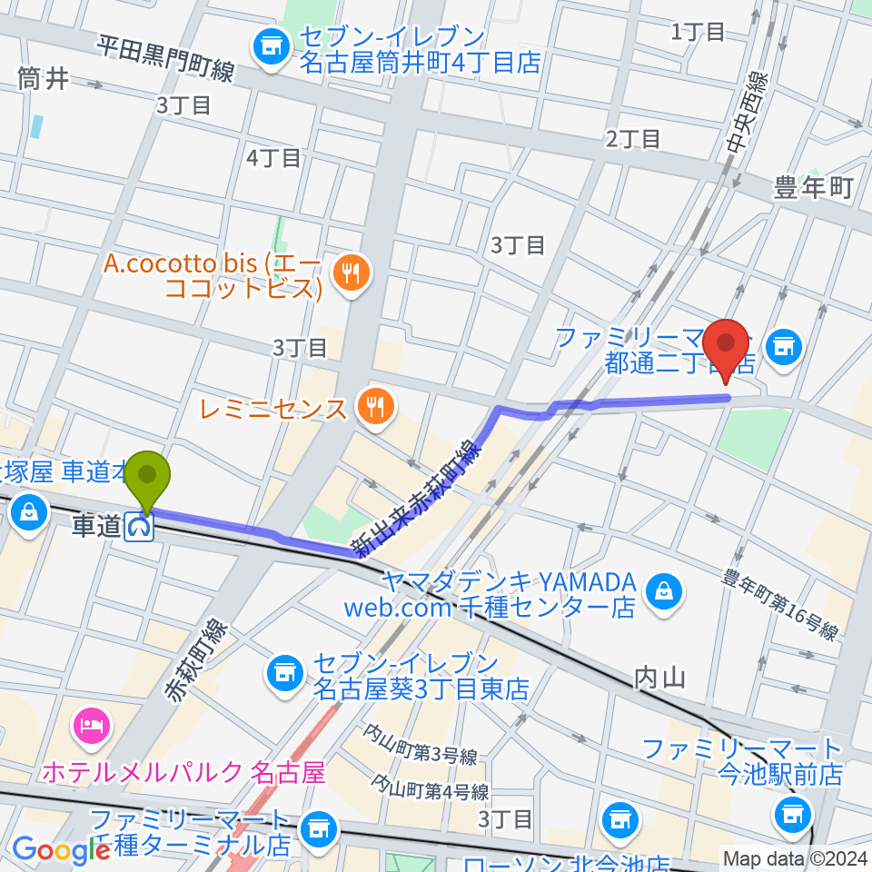 車道駅から植村楽器へのルートマップ地図