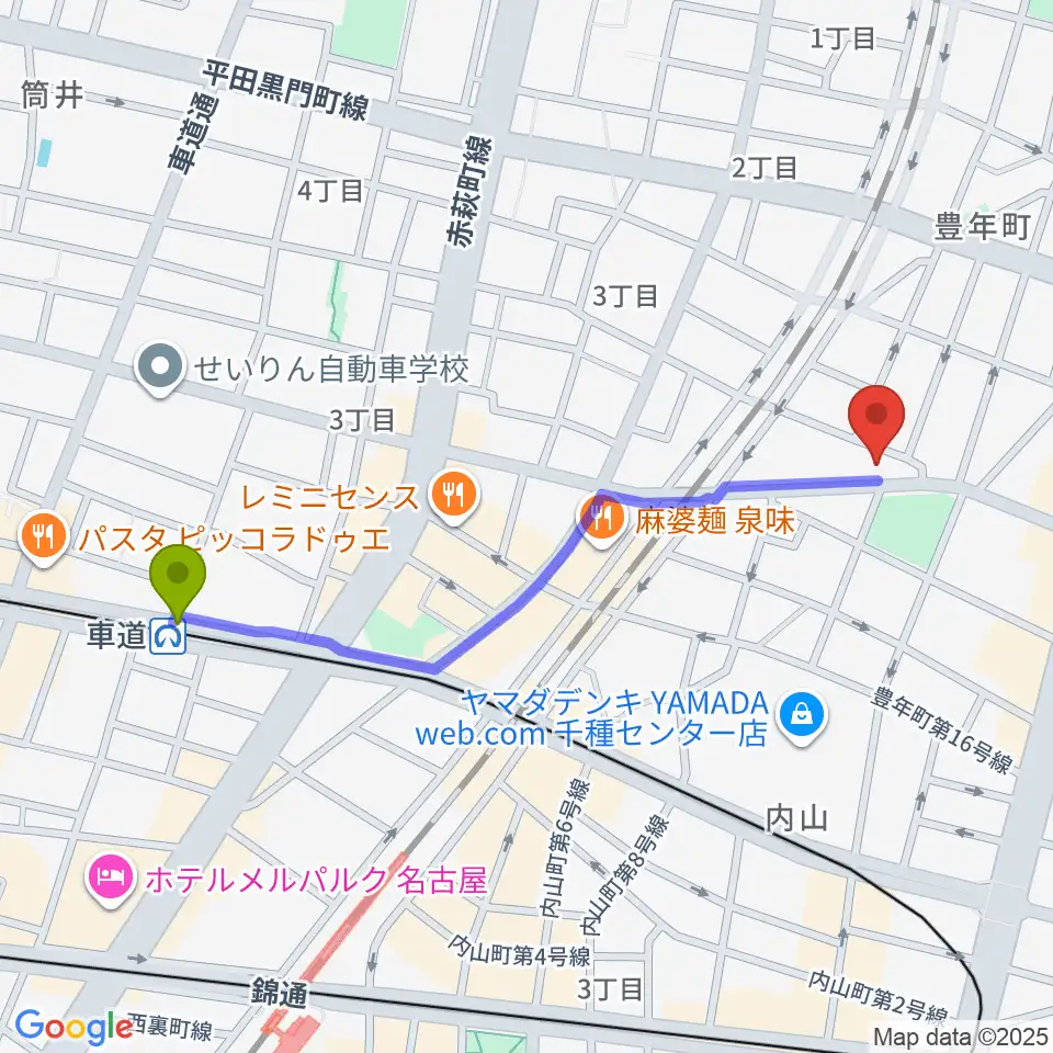 車道駅から植村楽器へのルートマップ地図