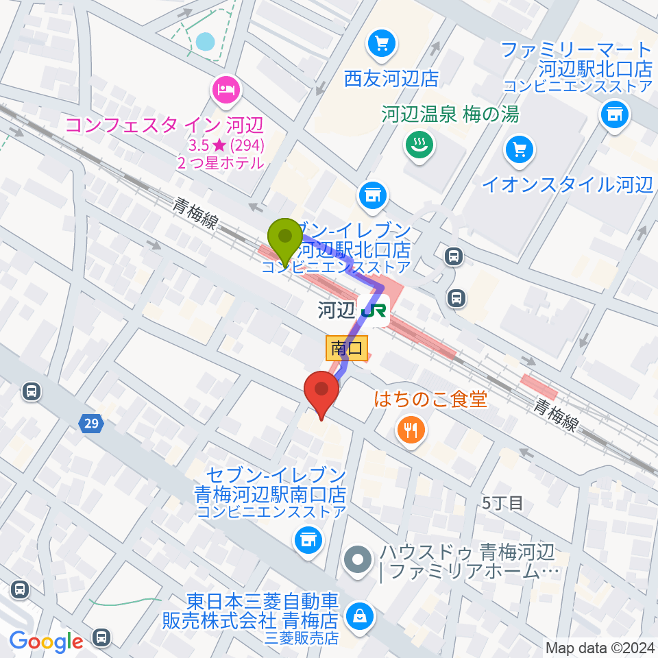 宮地楽器 河辺センターの最寄駅河辺駅からの徒歩ルート（約2分）地図