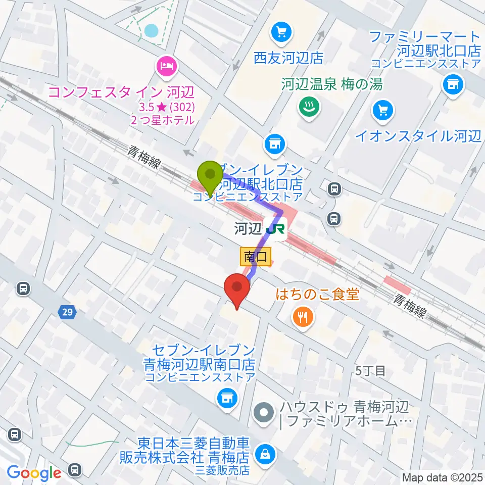 宮地楽器 河辺センターの最寄駅河辺駅からの徒歩ルート（約2分）地図