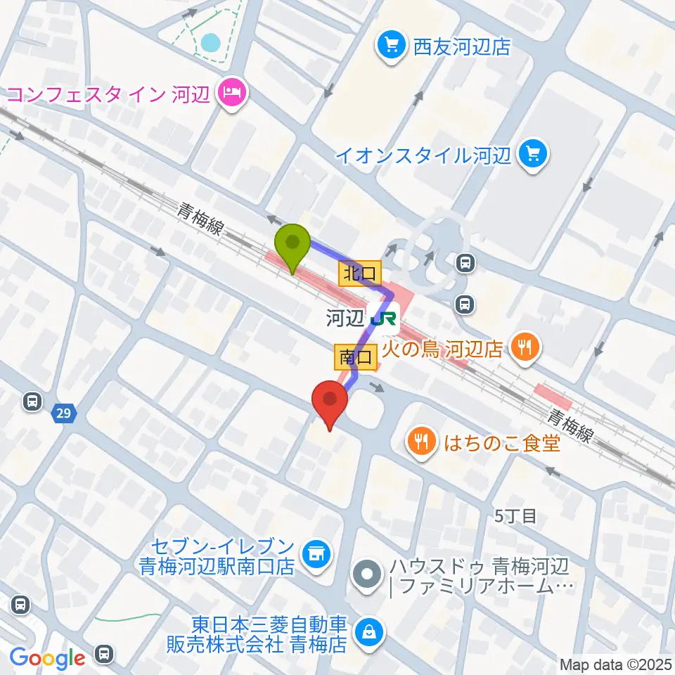 宮地楽器 河辺センターの最寄駅河辺駅からの徒歩ルート（約2分）地図