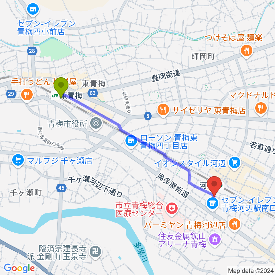 東青梅駅から宮地楽器 河辺センターへのルートマップ地図