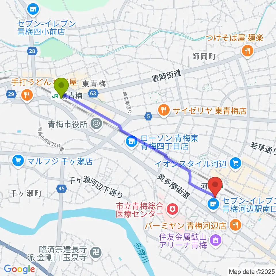 東青梅駅から宮地楽器 河辺センターへのルートマップ地図