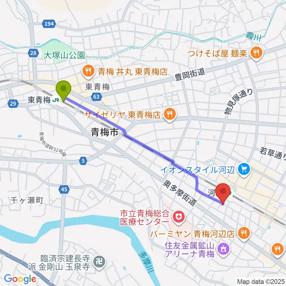 東青梅駅から宮地楽器 河辺センターへのルートマップ地図