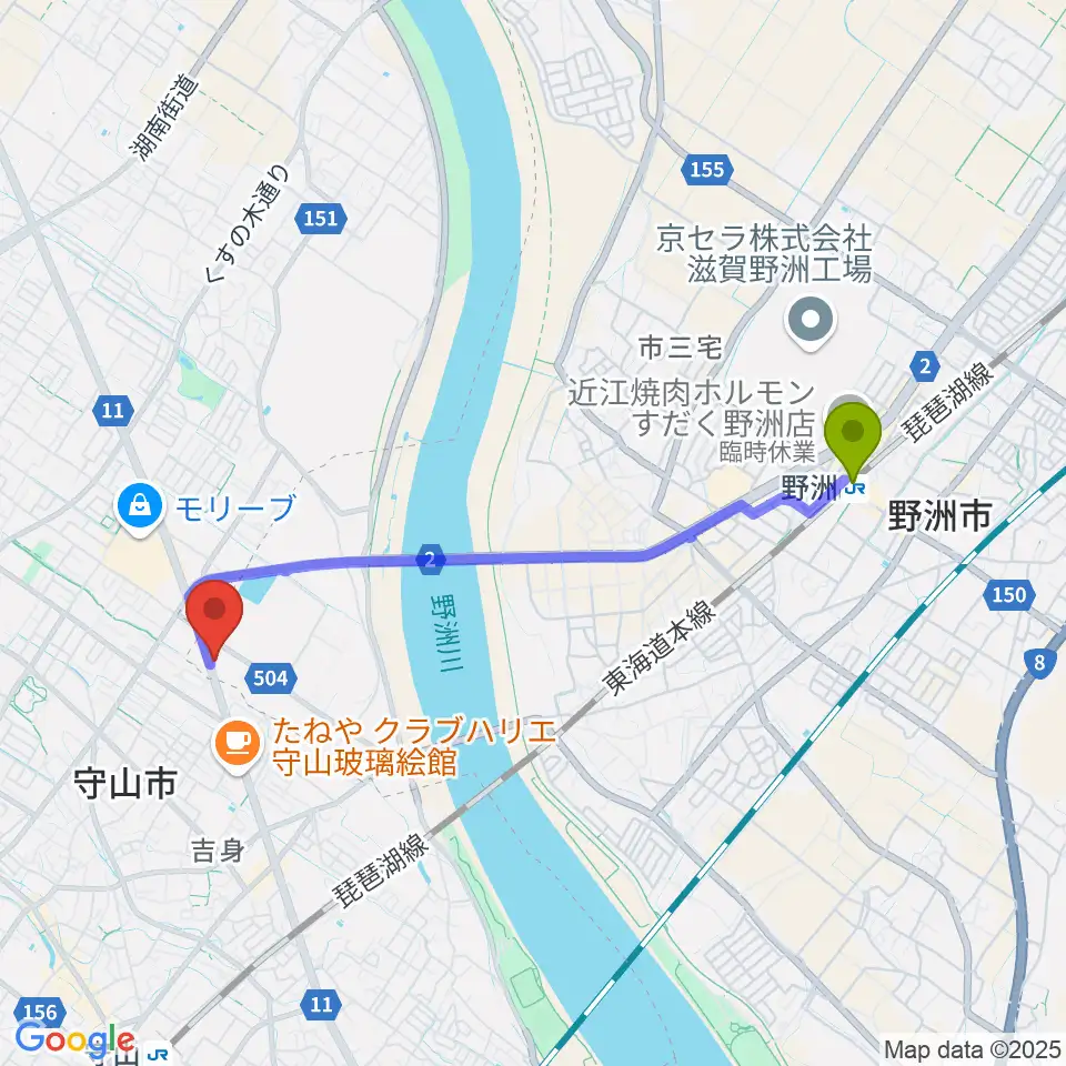 野洲駅から青い鳥音楽学園へのルートマップ地図