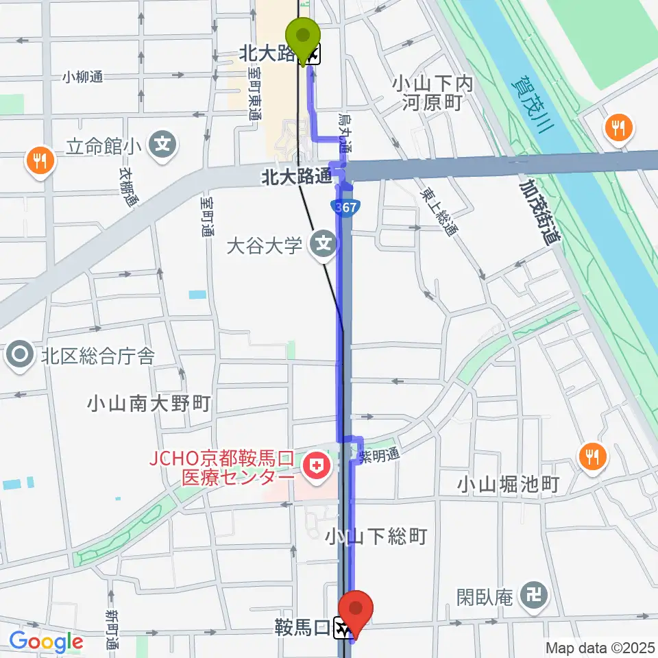 北大路駅から一木楽器へのルートマップ地図