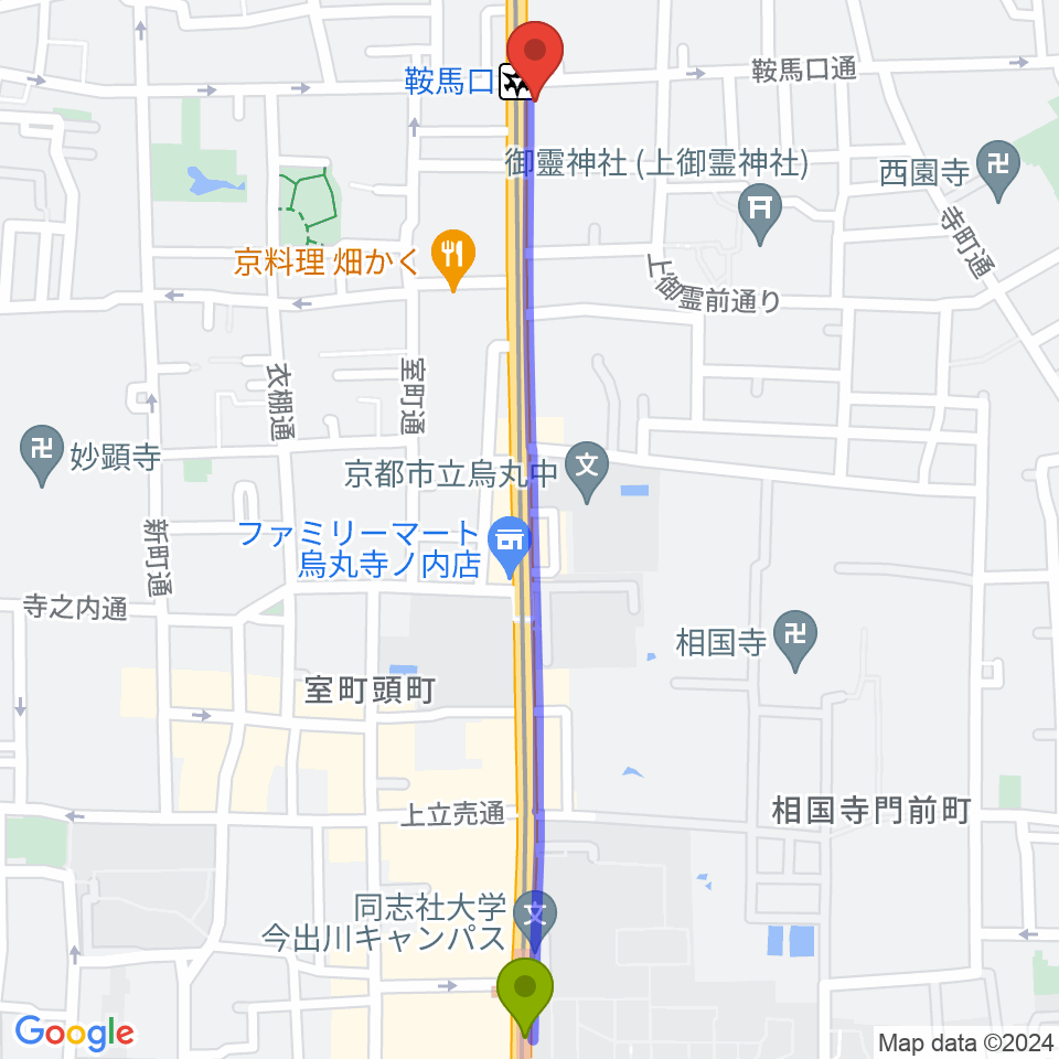 今出川駅から一木楽器へのルートマップ地図