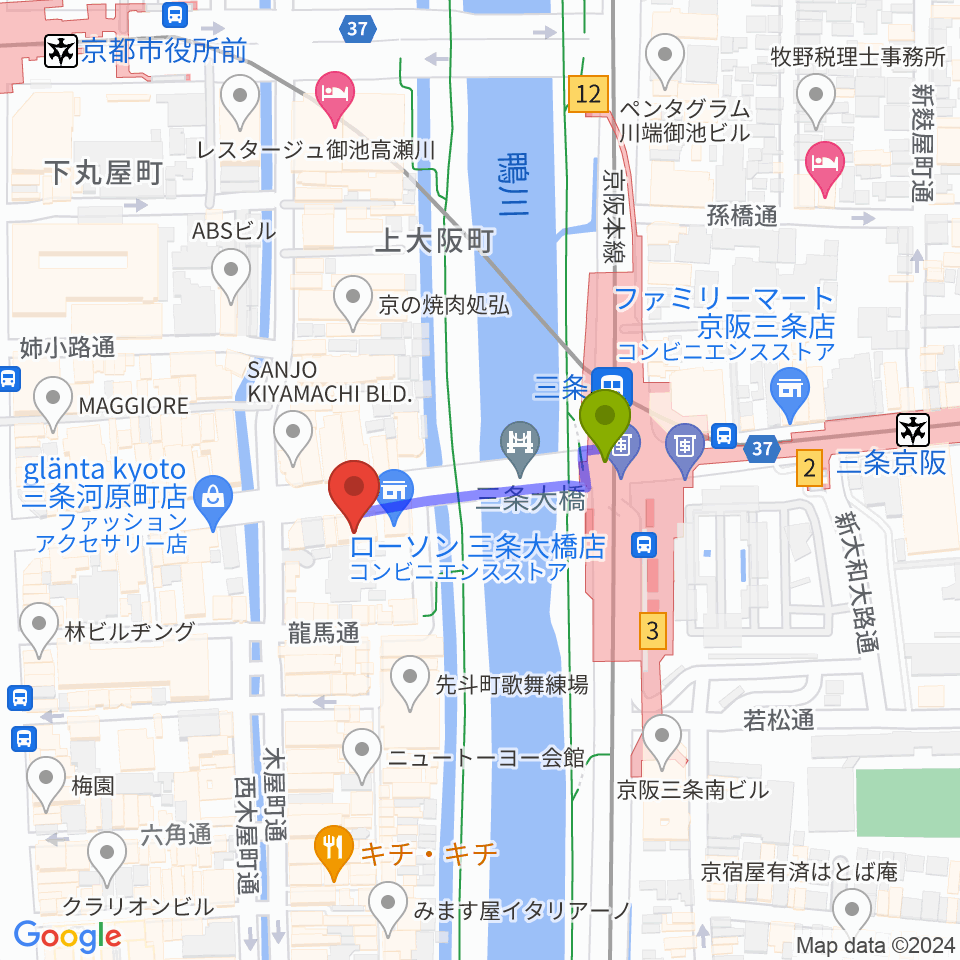 三条音楽院の最寄駅三条駅からの徒歩ルート（約2分）地図