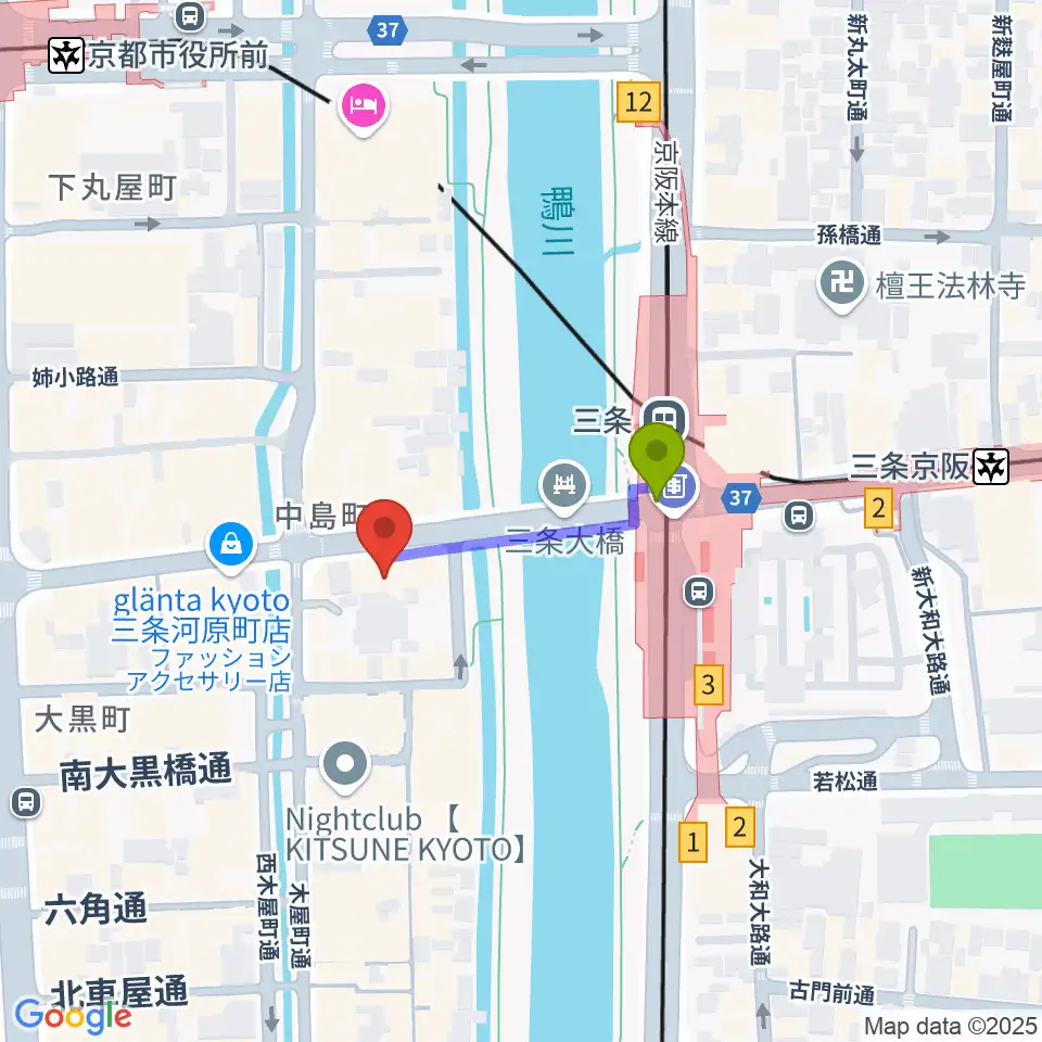 三条音楽院の最寄駅三条駅からの徒歩ルート（約2分）地図