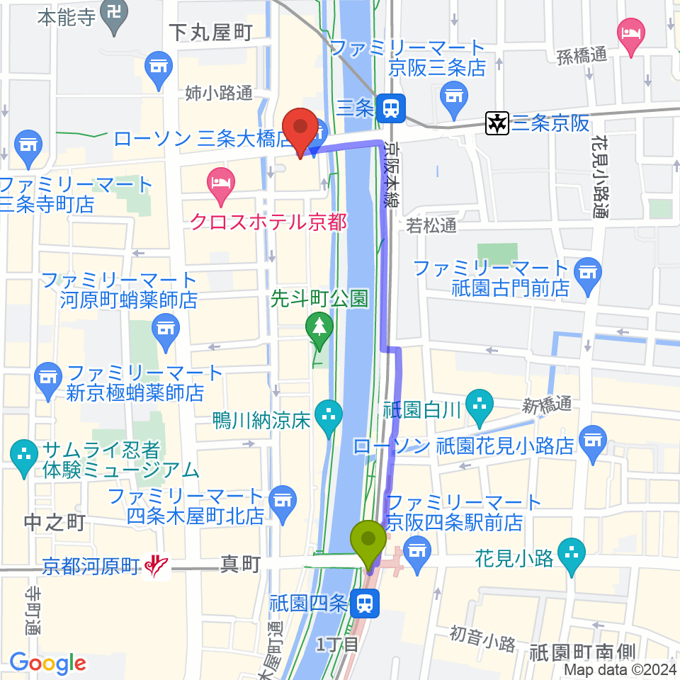 祇園四条駅から三条音楽院へのルートマップ地図