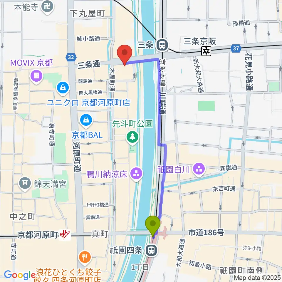 祇園四条駅から三条音楽院へのルートマップ地図