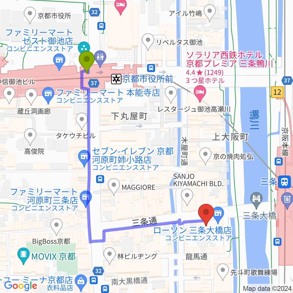 京都市役所前駅から三条音楽院へのルートマップ地図