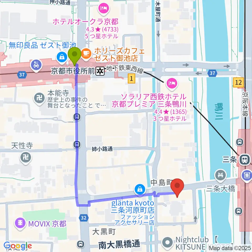 京都市役所前駅から三条音楽院へのルートマップ地図