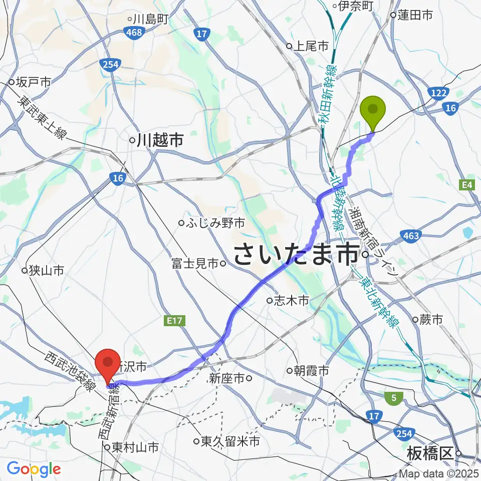 大和田駅からユニスタイル所沢 ヤマハミュージックへのルートマップ地図