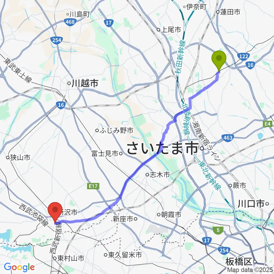 七里駅からユニスタイル所沢 ヤマハミュージックへのルートマップ地図