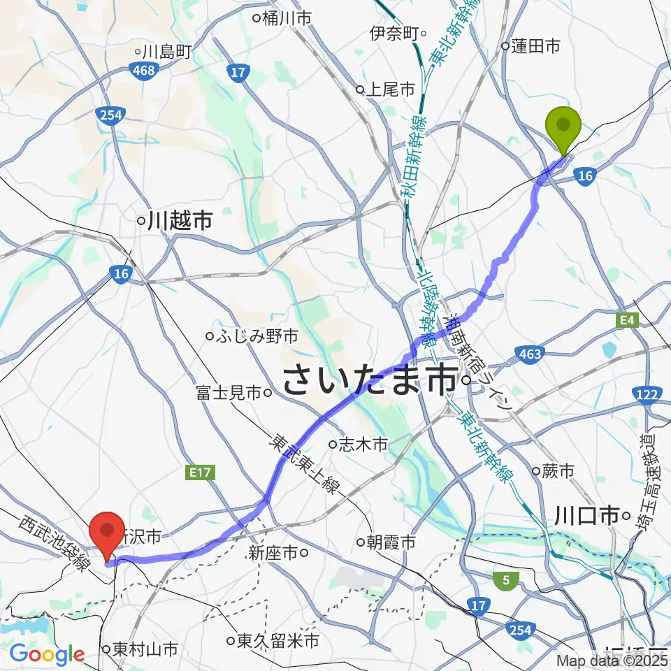 岩槻駅からユニスタイル所沢 ヤマハミュージックへのルートマップ地図