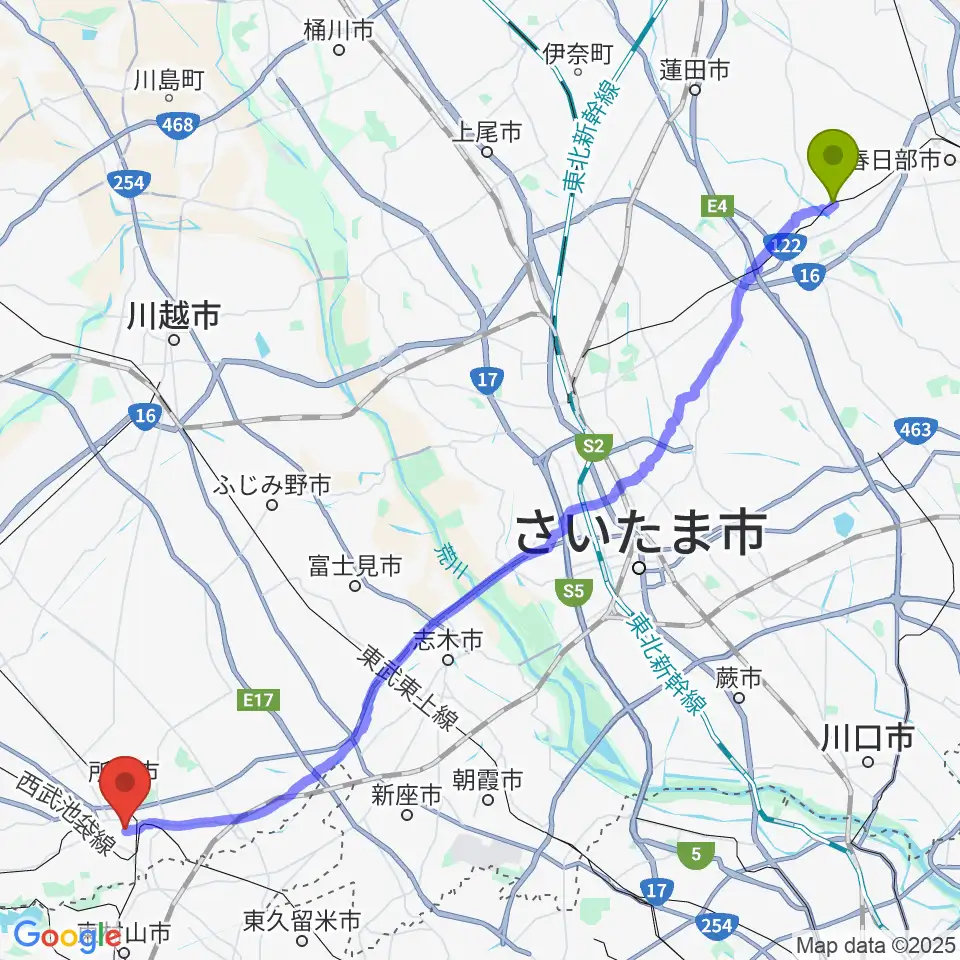 東岩槻駅からユニスタイル所沢 ヤマハミュージックへのルートマップ地図