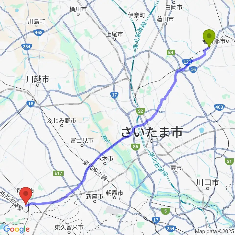 豊春駅からユニスタイル所沢 ヤマハミュージックへのルートマップ地図