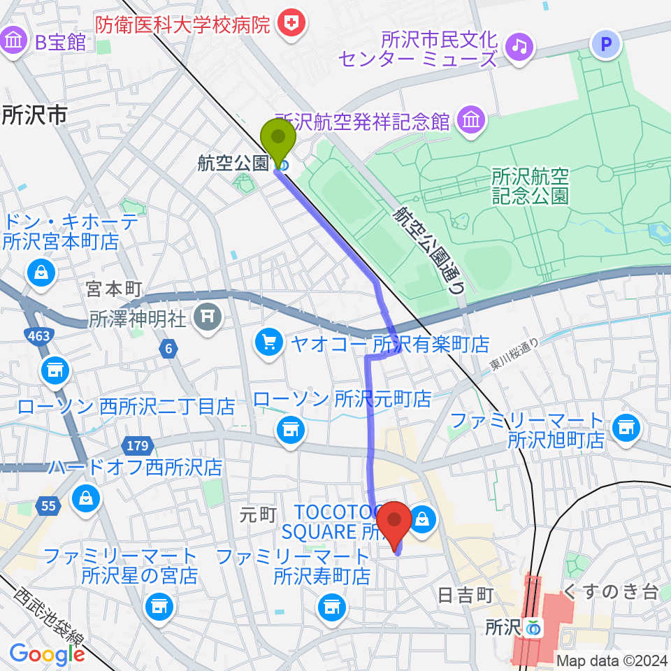 航空公園駅からユニスタイル所沢 ヤマハミュージックへのルートマップ地図