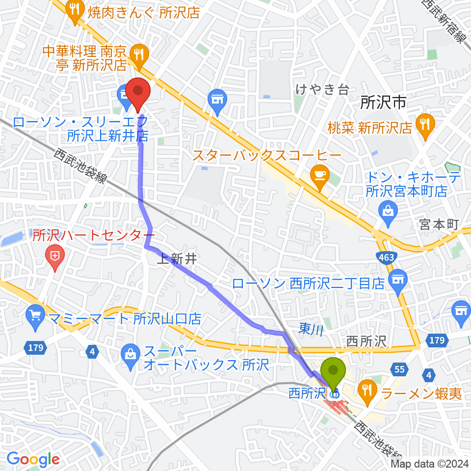 西所沢駅からユニスタイル小手指 ヤマハミュージックへのルートマップ地図