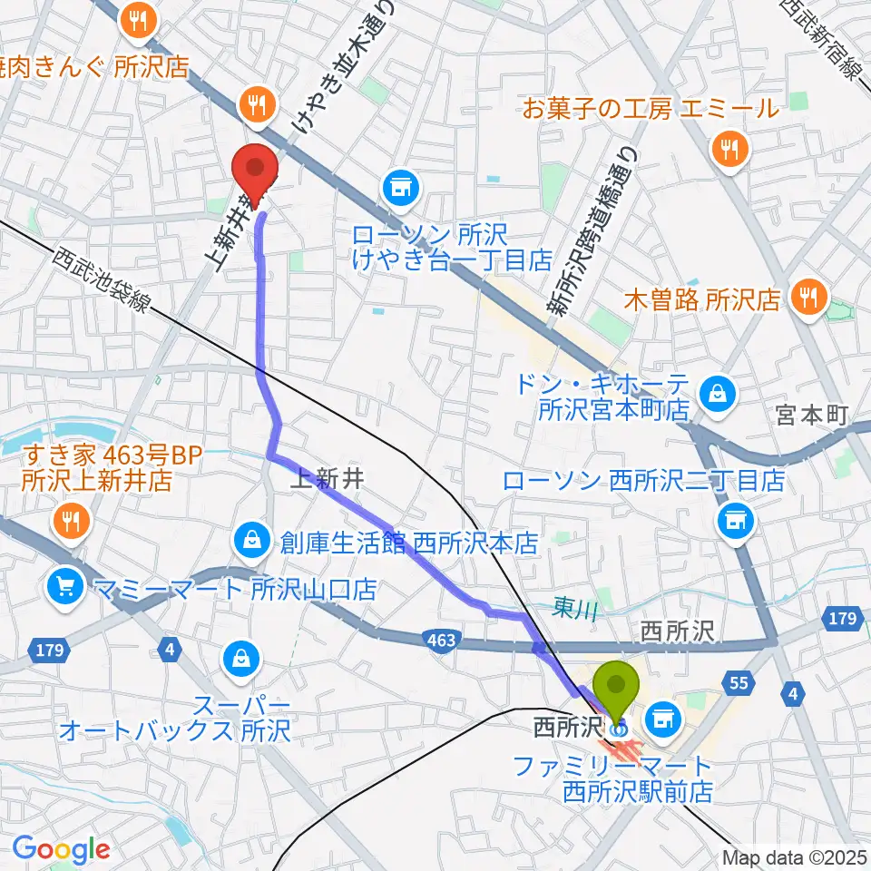 西所沢駅からユニスタイル小手指 ヤマハミュージックへのルートマップ地図
