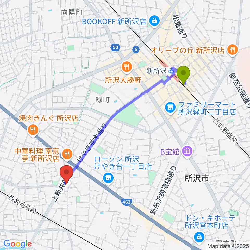 新所沢駅からユニスタイル小手指 ヤマハミュージックへのルートマップ地図
