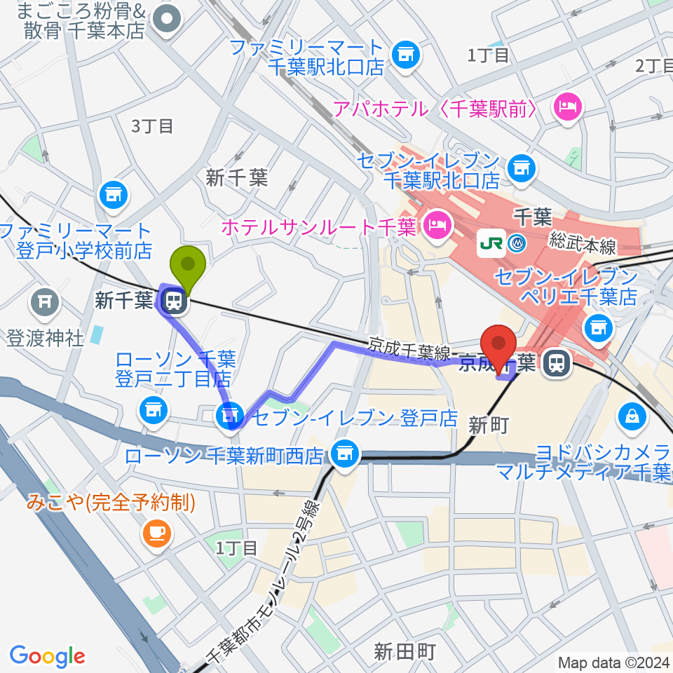 新千葉駅からミュージックアベニュー千葉ヤマハミュージックへのルートマップ地図