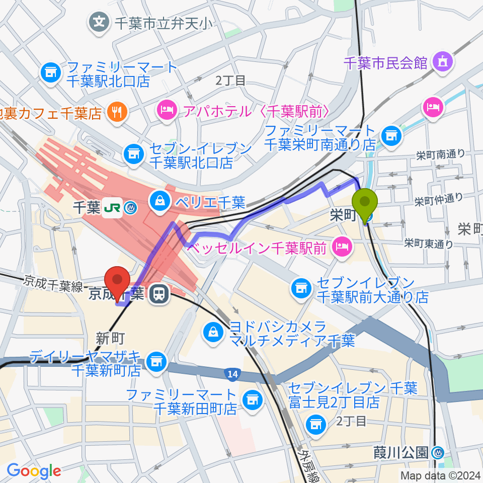 栄町駅からミュージックアベニュー千葉ヤマハミュージックへのルートマップ地図