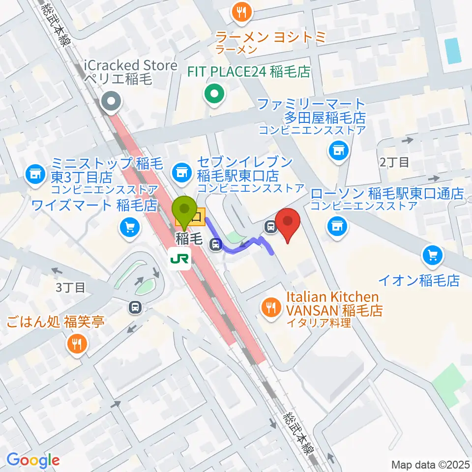 ミュージックアベニュー稲毛 ヤマハミュージックの最寄駅稲毛駅からの徒歩ルート（約2分）地図