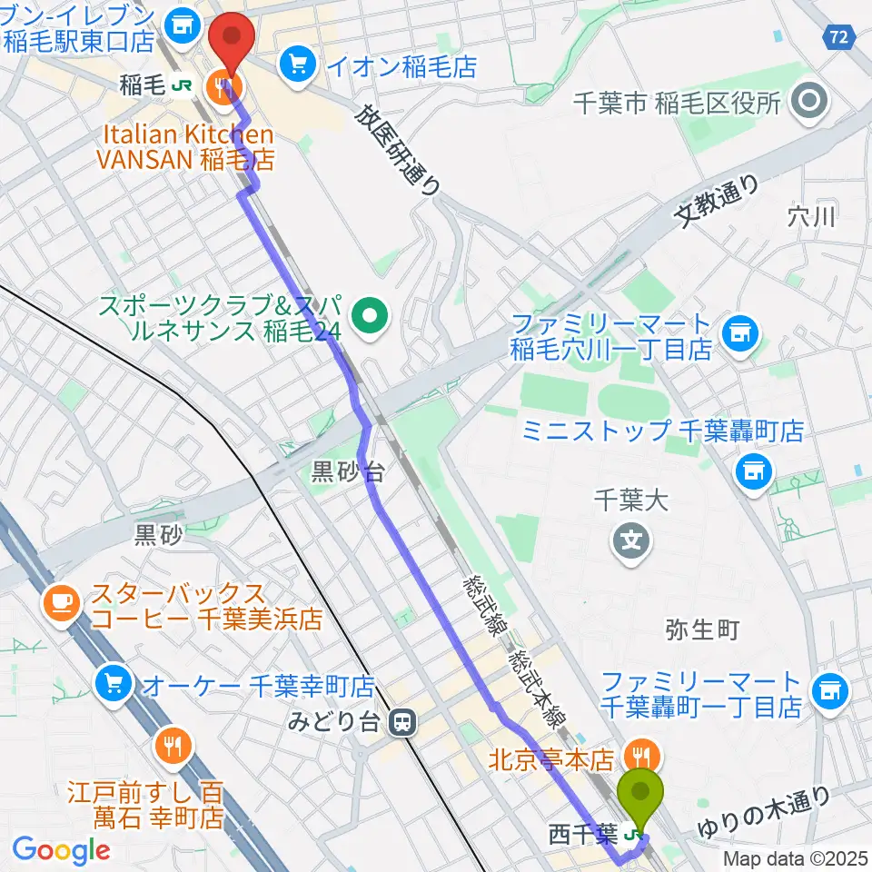 西千葉駅からミュージックアベニュー稲毛 ヤマハミュージックへのルートマップ地図