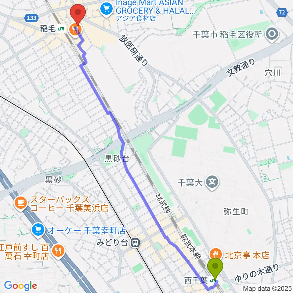 西千葉駅からミュージックアベニュー稲毛 ヤマハミュージックへのルートマップ地図