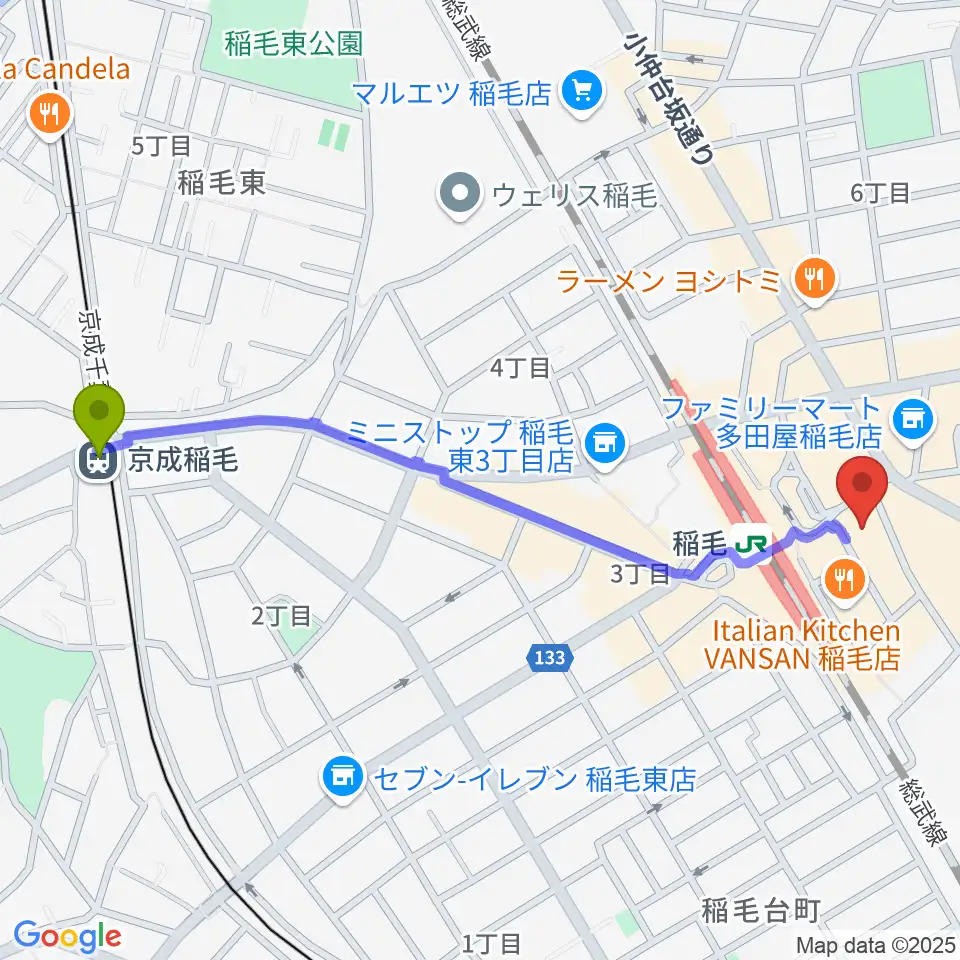 京成稲毛駅からミュージックアベニュー稲毛 ヤマハミュージックへのルートマップ地図