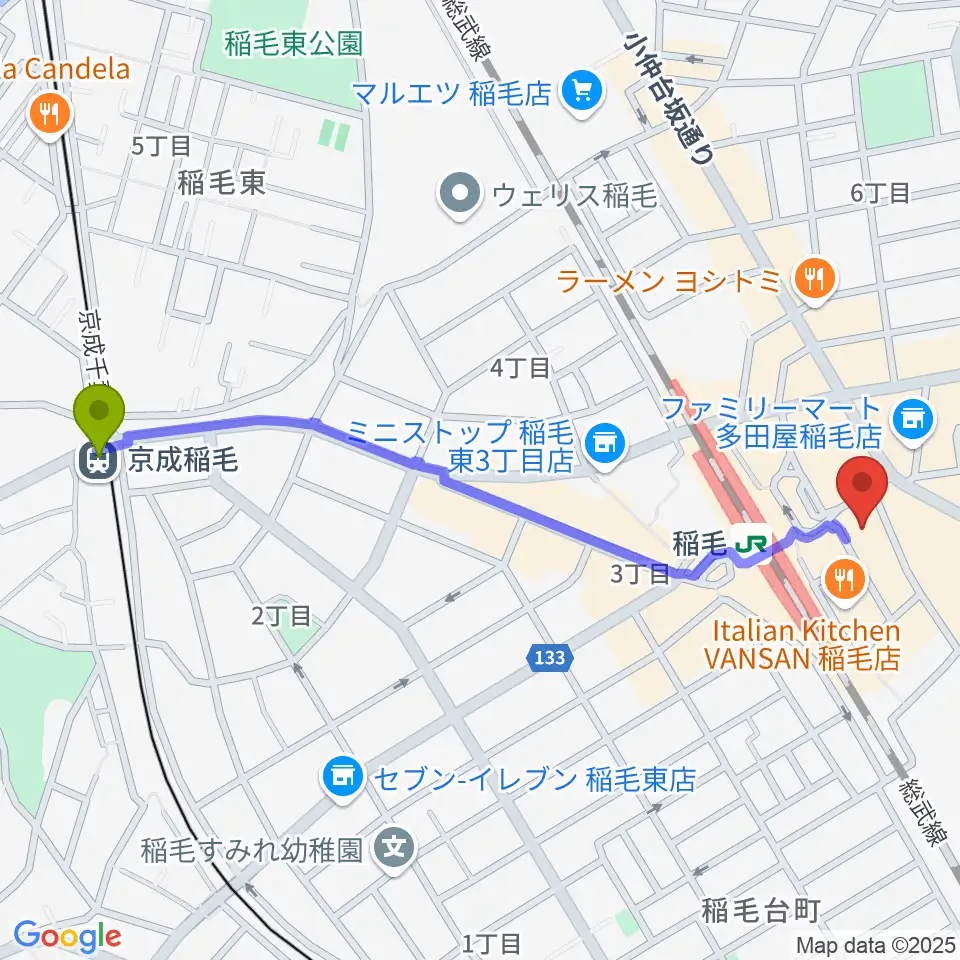京成稲毛駅からミュージックアベニュー稲毛 ヤマハミュージックへのルートマップ地図