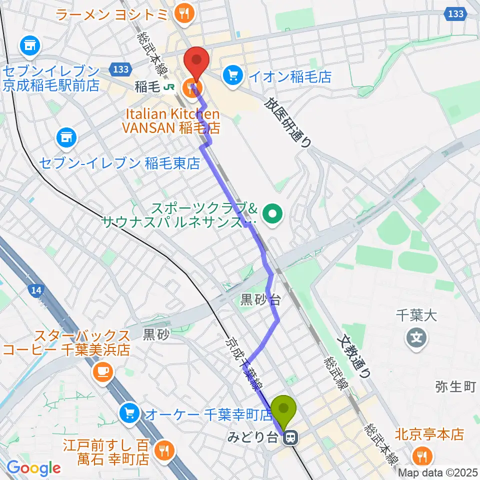 みどり台駅からミュージックアベニュー稲毛 ヤマハミュージックへのルートマップ地図